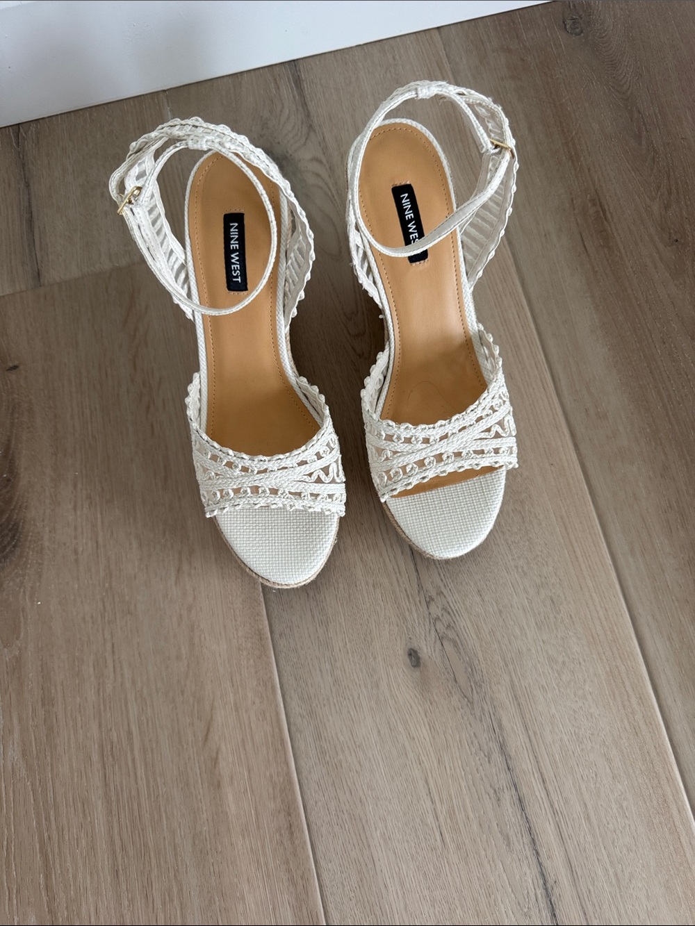Nine West Cream Braided Wedge Sandals with Ankle Strap